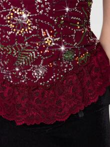 ROMWE EDITION Women's Vintage Witch-Inspired Lace Patchwork Sequin Tube Top, Burgundy - Burgundy - View 7