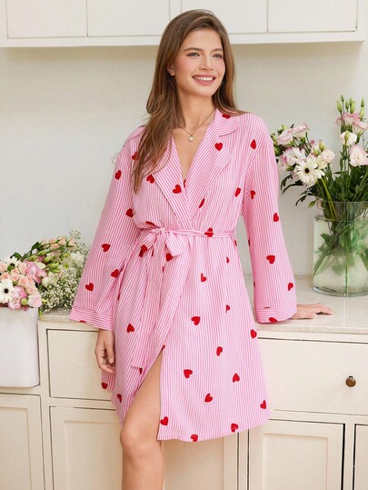 SHEIN Snug Reverie Snug Reverie Women's Robe With Pink Stripes, Contrast Red Heart Print, Collar, Tie Waist And Bow Accent, Fall