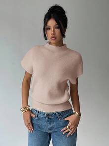 Aloruh 女式休闲纯色蝙蝠袖圆领针织上衣 - 卡其色 - 查看 2