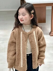 Dazy Kids Girls Lace Cardigan Sweater, Stylish Young Girl Fall Clothes - Camel - View 5