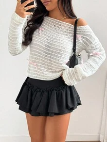 Flirla New Arrival White Hollow-Out Pink Bow Decor Cute Sweet Casual Off-Shoulder Sweater - White - View 7