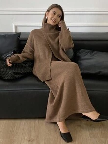 DAZY 女士纯色宽松开衩高领长袖毛衣和 A 字裙休闲两件套，秋冬 - 棕色 - 查看 6