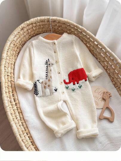 SHEIN 新生女婴可爱卡通图案长袖毛衣连体衣，秋冬