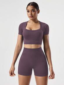 Easithlete 2pcs Set + Regular Fit + Moisture Wicking Fabric/Ribbed + Crew Neck/Basic/Navy Blue + Activewear Set + Seamless/Fitness/Yoga Yoga Shorts Set Seamless Workout Set Bike Shorts Set