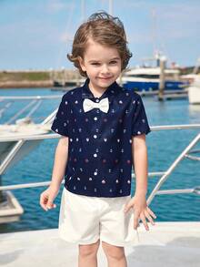 Joliand Joliand 2pcs/Set Young Girl Elegant Urban Sailor Lighthouse Print Navy Polo Collar Short Sleeve Shirt & White Shorts Outfit, Suitable For Casual Daily, Traveling, Beach Youth Boys Shirt Young Boys Matching Sets Young Boys Suit Set Youth Boy Tshirt Young Boys 2 Pieces Boys Nautical Outfit Boys Summer Outfit Boys Preppy Outfit Kids Cruise Outfits Boys Boys Anchor Shirt - Multicolor - View 1