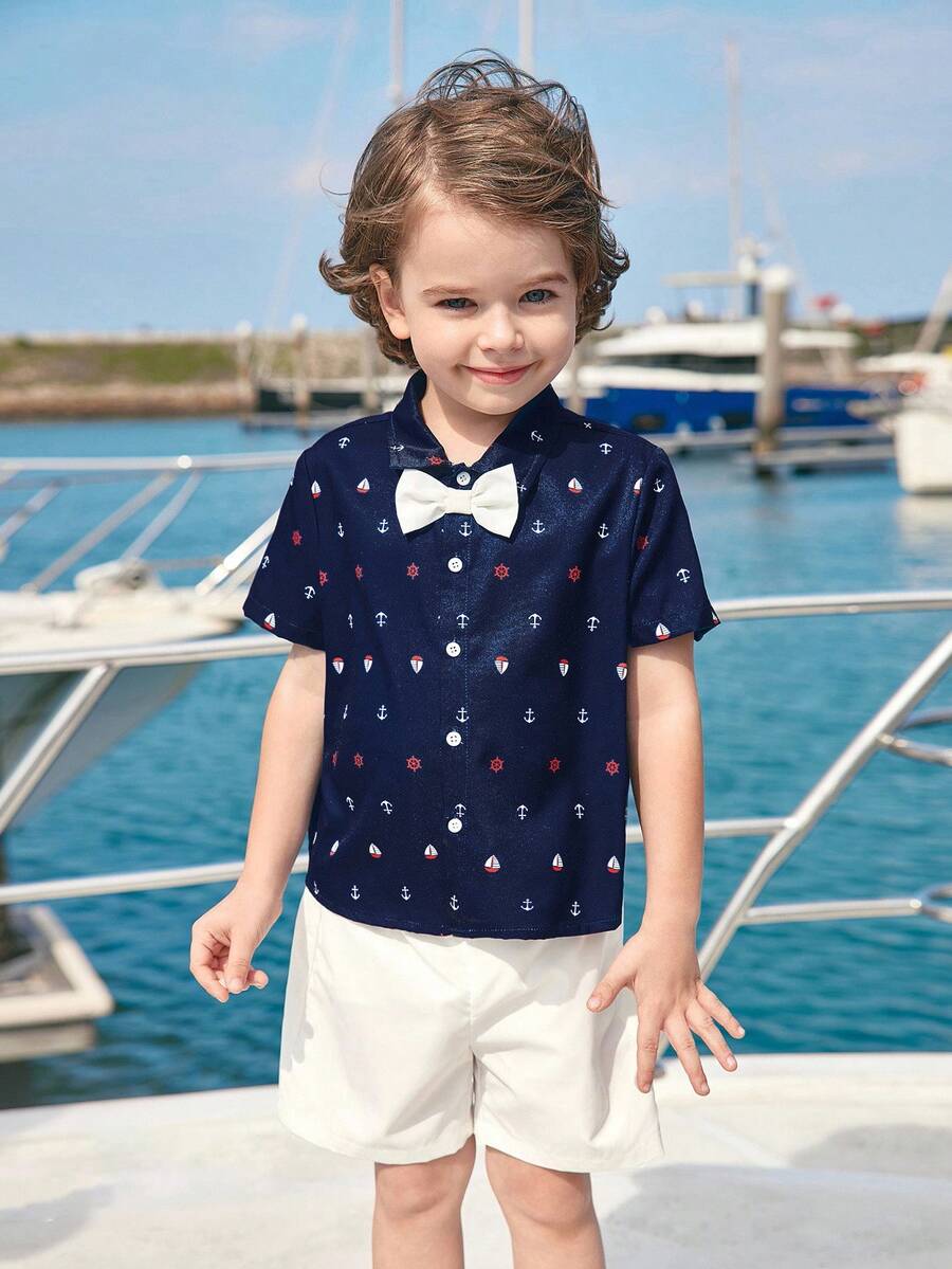 Joliand Joliand 2pcs/Set Young Girl Elegant Urban Sailor Lighthouse Print Navy Polo Collar Short Sleeve Shirt & White Shorts Outfit, Suitable For Casual Daily, Traveling, Beach Youth Boys Shirt Young Boys Matching Sets Young Boys Suit Set Youth Boy Tshirt Young Boys 2 Pieces Boys Nautical Outfit Boys Summer Outfit Boys Preppy Outfit Kids Cruise Outfits Boys Boys Anchor Shirt - Multicolor - View 1