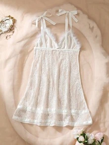 DelicateAllure Váy ngủ nữ bằng vải satin thanh lịch, ren gợi cảm và lưới - trắng - Xem 2