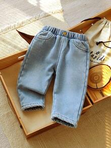 Vintaside Kids Baby Boy's Autumn/Winter Plush Lined Fashionable Versatile Simple Washed Denim Pants, Suitable For Casual Wear At Home, Leisure Outings Or Shopping Fall - Blue - View 3