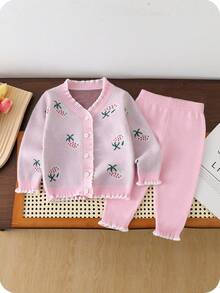 SHEIN Strawberry Blossom: Baby Girls' Cardigan Sweater Set. Strawberry Jacquard, Ruffle Hem And Neckline Design, And Cardigan Style, Cute And Fashionable For Baby Girls Fall Winter - Multicolor - View 10
