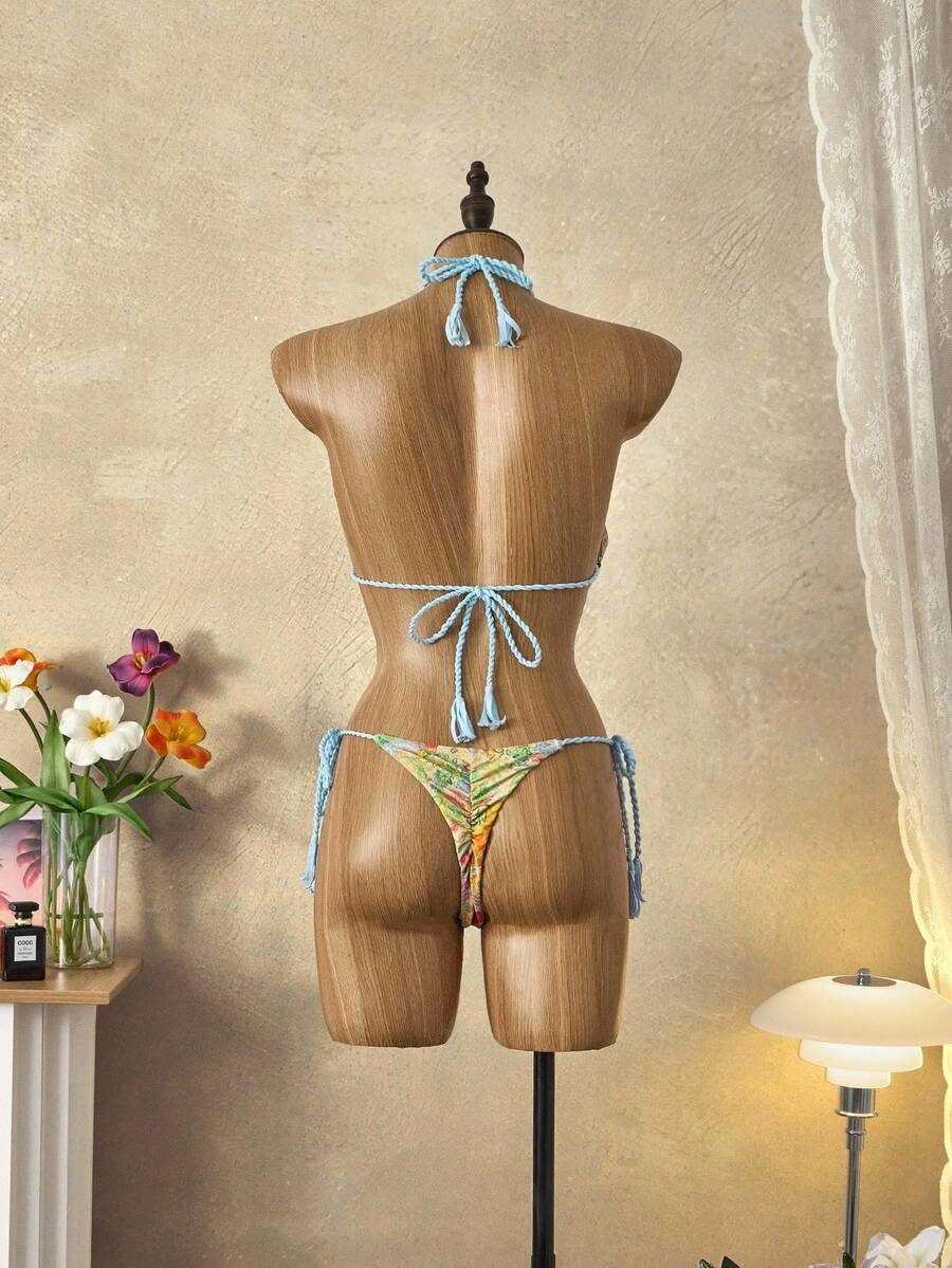 SHEIN Swim Conjunto de Maiô Bikini Casual de Praia de 2 Peças Estampado Retrô Azul Estilo Boho Chic, Multicolorido para Férias e Festas - Multicolorido - Visão 1