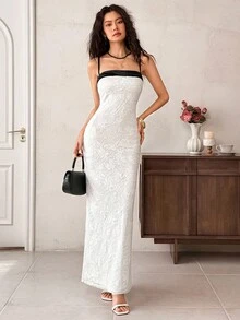 EastFlair 女式时尚优雅撞色饰边细肩带连衣裙 - 白色 - 查看 2