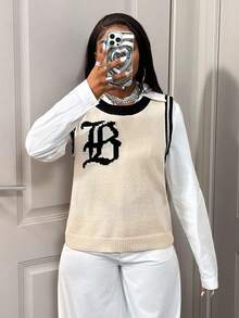 BamGleam Women's Knit Vest, Black & Beige Color Block, Sleeveless, Round Neck, Loose, Casual, Street Style - Apricot - View 3