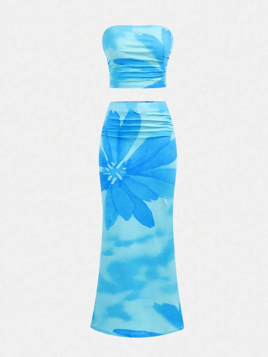 青少年女孩合身休闲简约舒适扎染花卉印花短款抹胸和紧身裙套装 - 淺藍色 - 查看 1