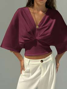 Aloruh Áo thun chui đầu màu trơn cổ chữ V trễ vai tối giản mới, nhún eo, đa năng khi đi làm, áo đỏ - Màu Đỏ Sâu - Xem 5