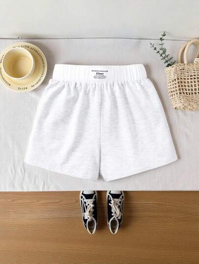 SHEIN Tween Girls' Loose Casual Comfortable Mid-Waist Colorblock Letter Graphic Shorts