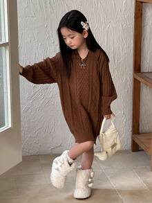 DAZY Vestido de suéter de cuello alto para niña, otoño e invierno - Caqui - Ver 3