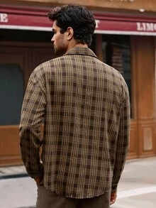 HIMLAND 男士休闲格子插肩下摆弧形下摆衬衫外套，Old Money 秋冬款 - 彩色 - 查看 2