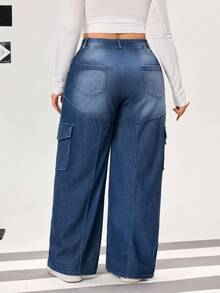 Flexra 大码女式高街运动针织牛仔工装口袋阔腿直筒裤 - 深色水洗藍 - 查看 2