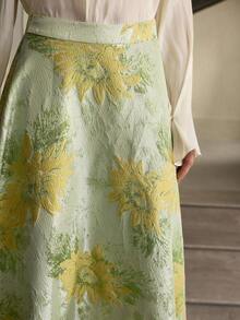 ZEYLAH Elegant Floral Jacquard A-Line Midi Skirt For Women - Green - View 2