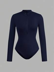 SHEIN EZwear 2pcs Women Black & Navy Blue Zip-Up High Neck Tight Fit Bodysuit Set, Casual Long Sleeve, Suitable For Autumn/Winter,Fall,Black Bodysuit - Multicolor - View 3