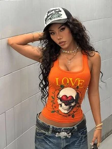 StreetHx Women's Summer Street Subculture Skull Print Fitted Cropped Orange Camisole Top
