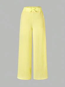 2pcs/Set Teen GirlTextured Fabric Mandarin Collar Short Sleeve T-Shirt + Casual Long Pants - Yellow - View 6