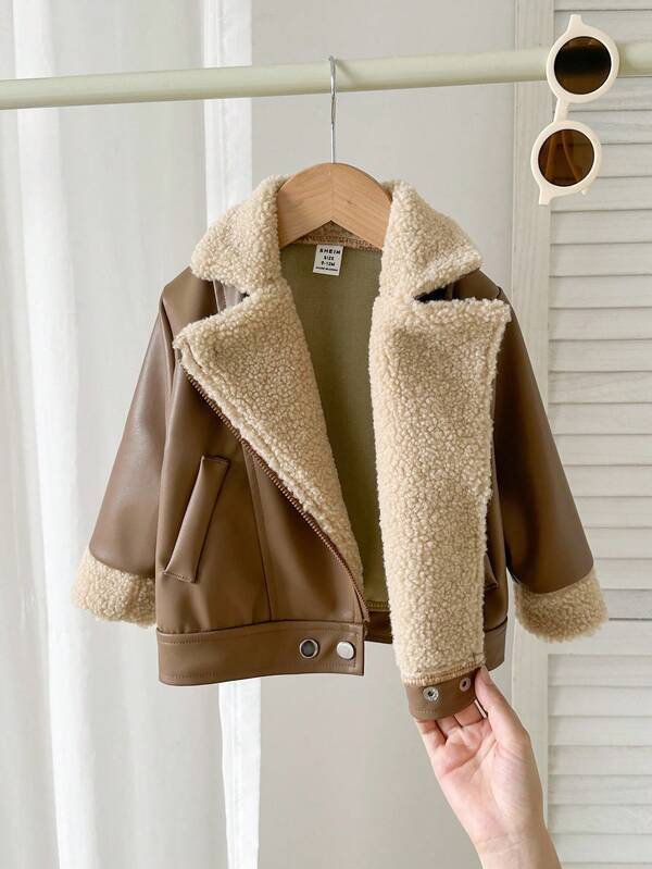 SHEIN Playful Pals Baby Boy Fleece Lined Short Stand Collar Warm Jacket For Winter Fall