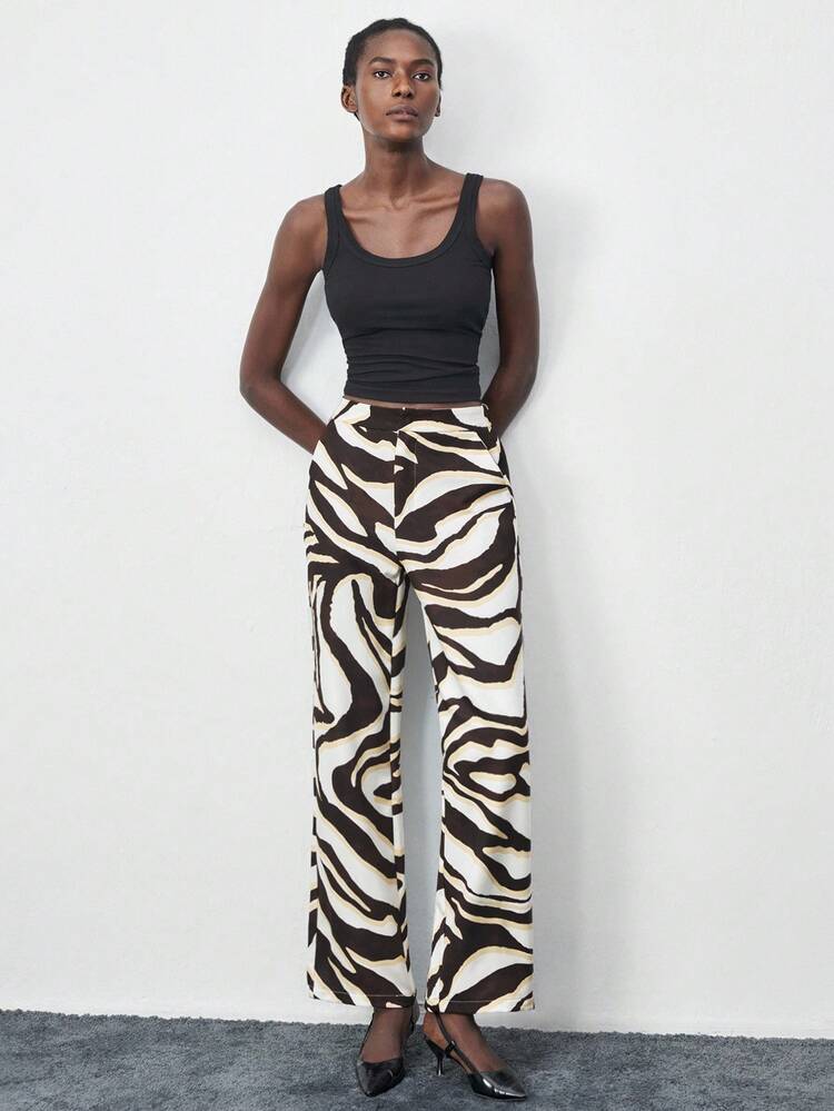 SHEIN Maija Damskie spodnie casualowe z szerokimi nogawkami i kieszeniami w zebrę