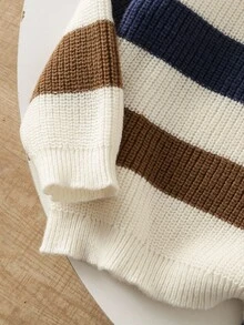 SHEIN Playful Pals Young Boy Thick Striped Knit Sweater, Long Sleeve, Autumn/Winter Fall - White - View 3