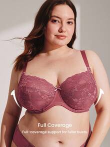 LUVLETTE 加大码女士全罩杯内衣休闲曲线支撑透气钢圈性感无衬垫显瘦酒红色蕾丝优雅文胸新娘内衣 - 玫瑰紅 - 查看 4