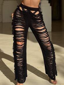 Swim SXY Quần lót đi biển mùa hè màu trơn dành cho nữ với thiết kế khoét rỗng và chi tiết tua rua - màu đen - Xem 10