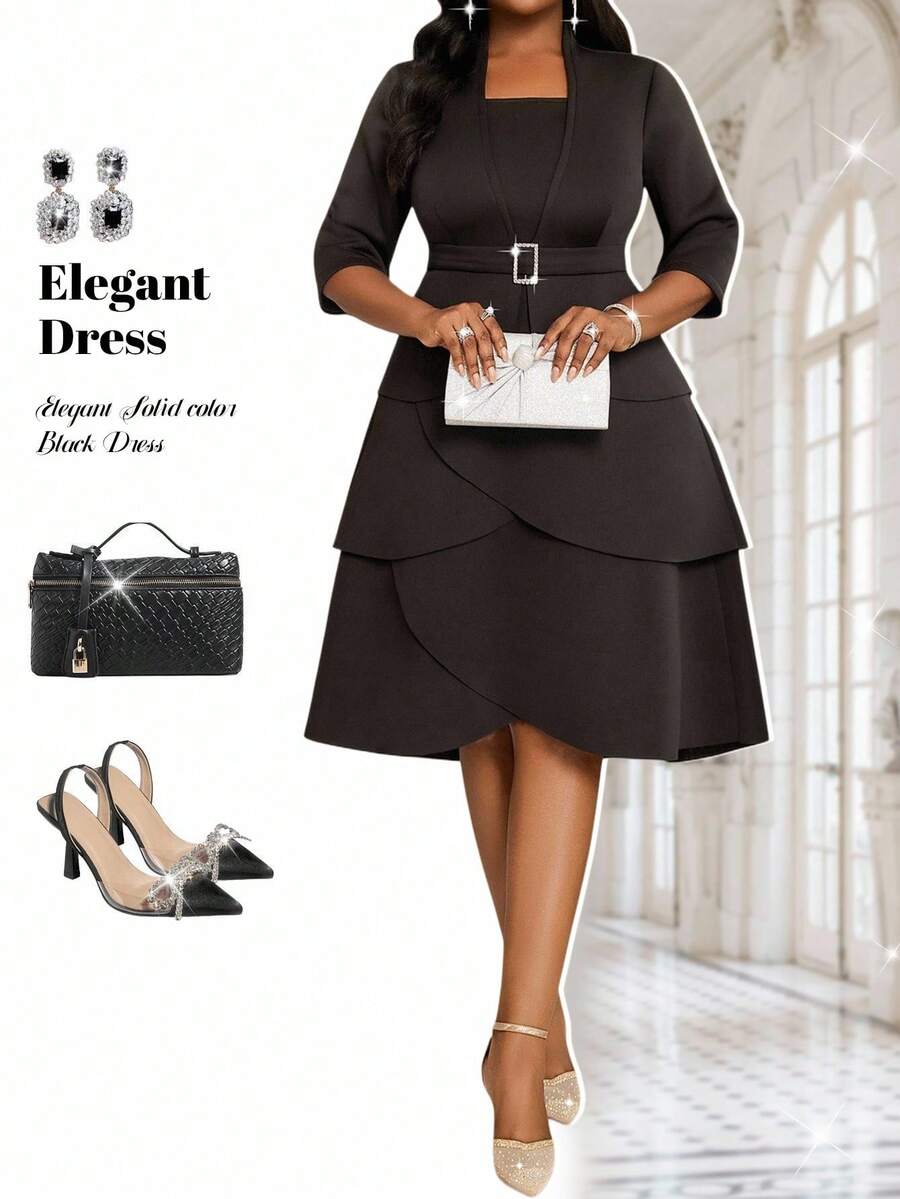 Fleurora Plus Size Women's Elegant Black Dress,Summer Formal Evening Dress Classy Gothic Halloween Costumes With Shoulder Cutout And Waist Cinching - Black - View 1