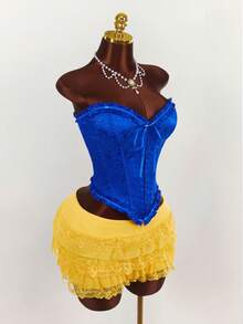 Amplova Bộ 2 món áo crop top cạp chun kim loại và quần short ren lưới mini cho nữ - Nhiều màu - Xem 4