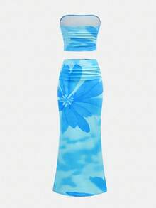 青少年女孩合身休闲简约舒适扎染花卉印花短款抹胸和紧身裙套装 - 淺藍色 - 查看 2