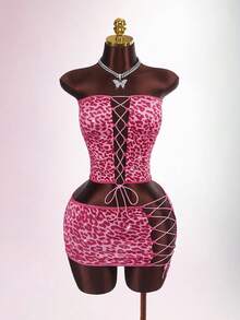 Amplova Bộ 2 món áo bandeau và chân váy mini họa tiết da báo thời trang gợi cảm dành cho nữ, mùa hè - Nhiều màu - Xem 4