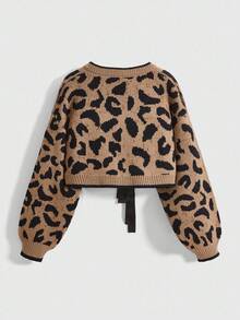 ROMWE Kawaii Bộ 2 áo len họa tiết da báo trang trí nơ cho nữ - màu nâu - Xem 6