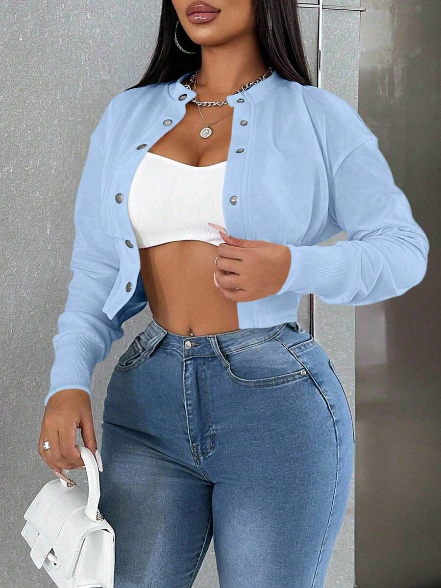 Zolique Áo khoác thường ngày tay dài trễ vai màu trơn, cài khuy đơn dành cho nữ, mùa thu - Màu xanh nhạt - Xem 1