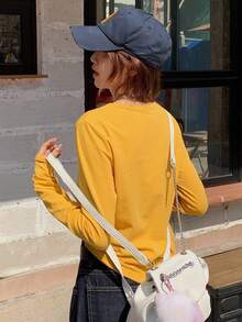 DAZY 女士奶油黄色宽松休闲基本款长袖 T 恤，带刺绣心形图案，适合秋季和春季