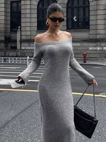 Strévra Women's Off Shoulder Fitted Knit Sweater Dress, Autumn - Grey - View 3