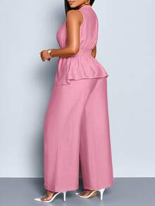 SOLERSUN Plus Size Solid Color Sleeveless Top And Wide Leg Pants 2 Pieces Set - Pink - View 2