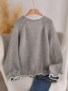 CosyJoli 秋冬大码休闲毛衣配领带蝴蝶结撞色装饰开衫 - 灰色 - 查看 2