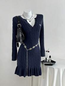 SHEIN Unity Women's Navy Blue Elegant Everyday Ribbed Knit Sweater Dress,Vintage Round Neck Button Front Long Sleeve Embroidered Bodycon Ruffle Hem Autumn Cloth - Royal Blue - View 3