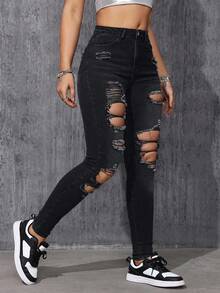 SHEIN ICON Ladies' Distressed Denim Jeans - Dark Grey - View 7