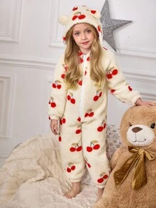 SHEIN 少女樱桃图案针织连帽休闲连体裤家居服 - 卡其色 - 查看 4