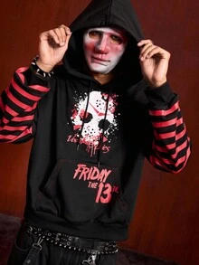ROMWE MEN Friday the 13th X ROMWE Herren Pullover mit Buchstaben- und Masken-Grafik, Tasche, Kordelzug, 2 in 1 Kapuzenpullover, Herbst - Schwarz - Übersicht 8
