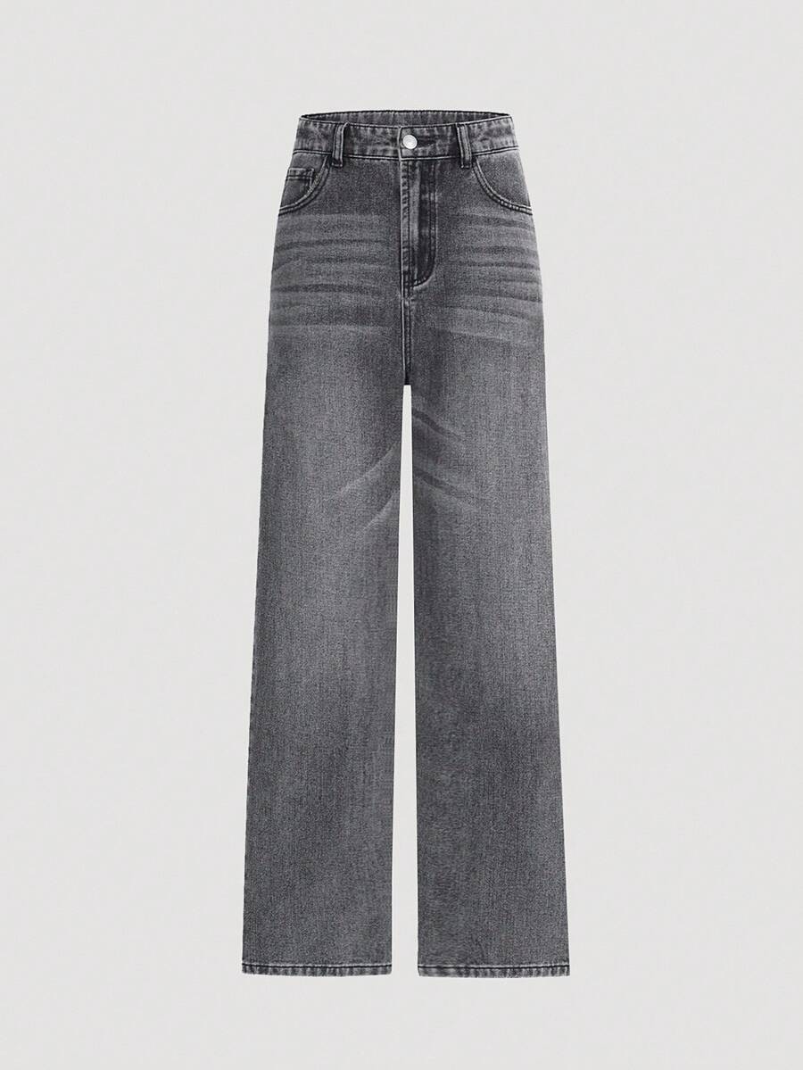 SHEIN 复古休闲街头风格磨边五口袋宽腿宽松牛仔裤，适合少女，全年时尚必备品 - 黑色 - 查看 1