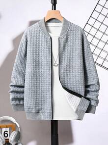 SHEIN Tween Boy 休闲百搭纹理格子棒球夹克，适合通勤、上学、日常休闲装、运动、秋冬 - 灰色 - 查看 2