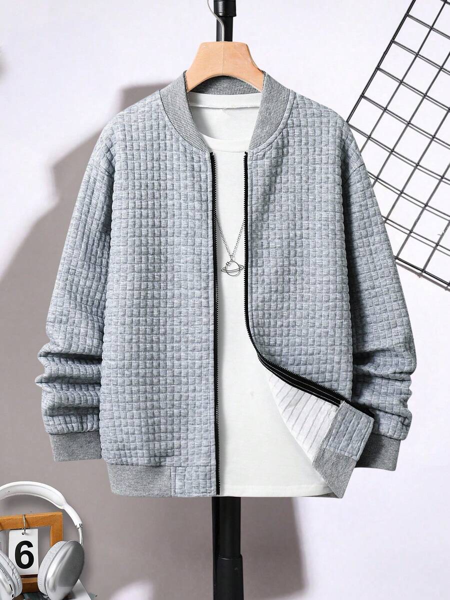 SHEIN 青少年男孩休閒街頭風可愛百搭紋理格紋棒球夾克，返校季，秋冬灰色