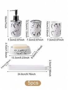 5PCS/9PCS Marble Pattern Bathroom Accessories Set, Including Toothbrush Holder, Soap Dispenser, Soap Dish, Tumbler, Refillable Bottles, Trash Can And Toilet Brush Home Bathroom Decor Fall Decor Back To School