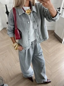 Livesso Women's Casual Collared Pleated Blouse And Gray Denim Pants Set, Autumn